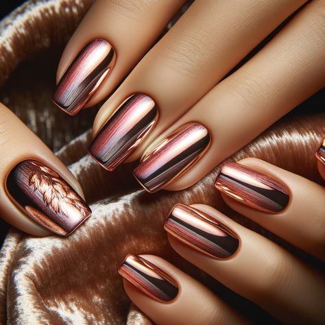 Beautifully manicured nails featuring a shiny rose gold chrome finish. Rose Gold Nails With Rhinestones, Rose Gold Chrome Nails Almond, Rose Gold Chrome Nails Designs, Ombre Chrome Nails Designs, Mother Of The Bride Nails, Rose Gold Chrome Nails, Rose Gold Nails Acrylic, Ombre Chrome Nails, Rose Gold Nail