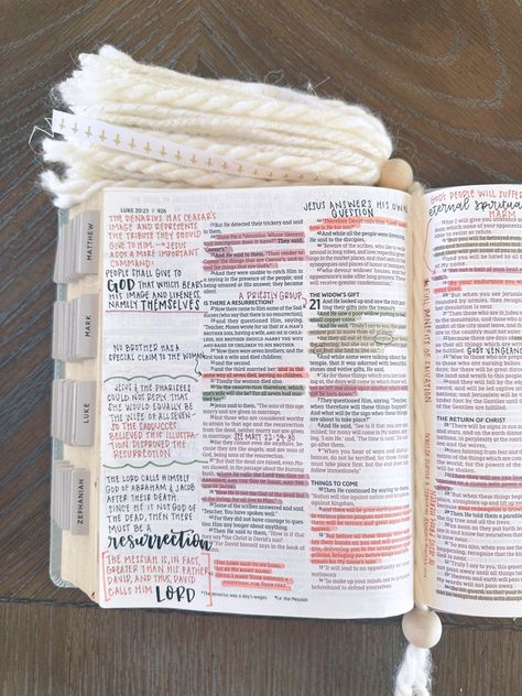 Journaling Bible open flat on wood table with aesthetic notes, pretty highlighters and hand lettering. Fluffy tassel bookmark Niv Journal The Word Bible, Luke 19 Bible Journaling, Interleaved Bible Journaling, Luke Chapter 1 Bible Journaling, Luke 1 Bible Journaling, Titus Bible Journaling, Bible Journaling For Beginners Ideas, Luke Bible Journaling, Bible Supplies