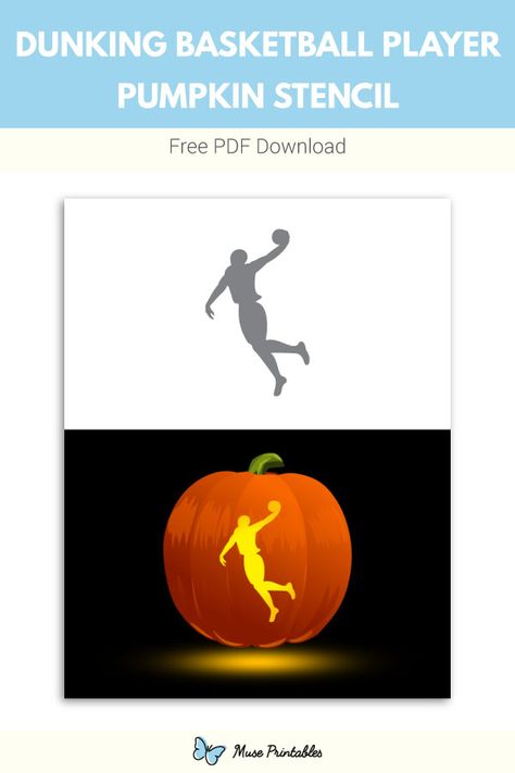 Free printable dunking basketball player pumpkin stencil. Download it at https://museprintables.com/download/pumpkin-stencil/dunking-basketball-player/ Pumpkin Carving Templates Printable Free Easy, Basketball Pumpkin Carving, Basketball Pumpkin, Dunking Basketball, Halloween Craft Treats, Pumpkins Carving, Printable Pumpkin Stencils, Pumpkin Stencils Free, Pumpkin Carving Stencils Free