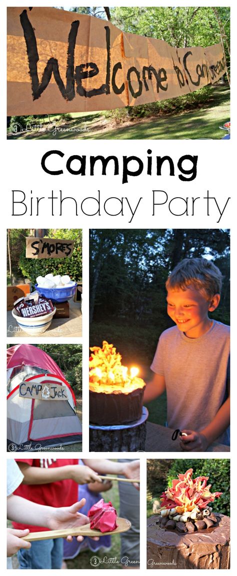 Perfect birthday party for boys! Celebrate your favorite camper with a Camping Birthday Party! This post includes fun camping birthday party ideas, inexpensive decorations, backyard camping party games, and two campfire cake instructions. Backyard Campout Birthday Party, Backyard Camping Birthday Party, Campout Birthday Party, Camping Party Games, Indoor Camping Party, Campout Party, Camping Party Decorations, Backyard Campout, Camping Theme Birthday Party