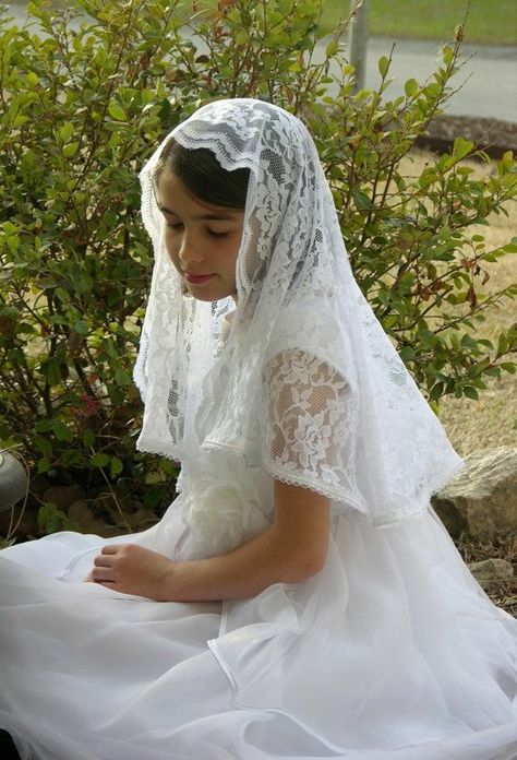 First Communion Month Of Mary, Christian Veils, Girls Veiled, Christian Head Covering, Catholic Veil, First Communion Veils, Communion Veils, Head Scarfs, Mantilla Veil