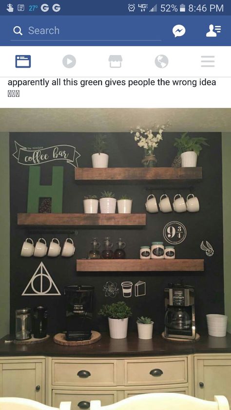 Coffee bar inspired by Harry Potter Harry Potter Inspired Kitchen, Harry Potter Themed Kitchen, Harry Potter Kitchen Ideas, Harry Potter Coffee Bar, Harry Potter Kitchen Decor, Harry Potter Bar, Home Coffee Bar Ideas, Harry Potter Coffee, Harry Potter Kitchen