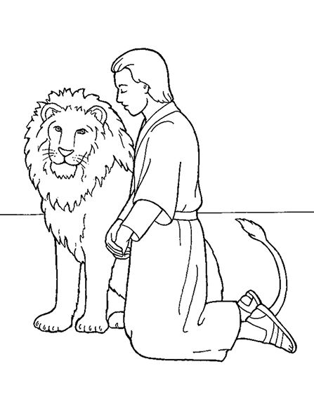 An illustration of Daniel kneeling in prayer beside a lion, from the Nursery manual Behold Your Little Ones. From the Bible Story, Daniel and the Lion's Den. Daniel In The Lions Den, Sunbeam Lessons, Lion Coloring, Daniel In The Lion's Den, Lion Craft, Daniel And The Lions, Lion Coloring Pages, Family Coloring Pages, Lion's Den