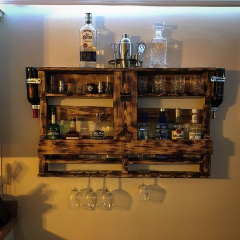 Pallet liquor cabinet Pallet Whiskey Rack, Pallet Liquor Shelf, Pallet Liquor Cabinet, Liquor Cabinet Diy, Liquor Cabinet Decor, Diy Liquor Cabinet, Liquor Table, Man Cave Designs, Diy Liquor