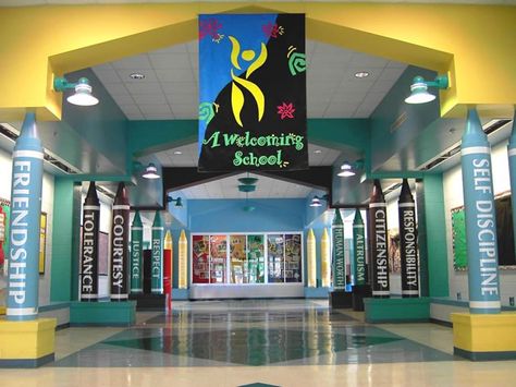 School Murals Hallways, School Lobby, Entrance Decor Ideas, School Office Decor, Lobby Ideas, Entrance Decoration, School Hall, School Improvement, School Bathroom