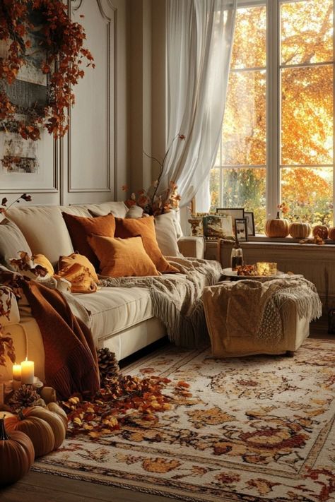 Add layered rugs in warm tones to create a cozy and festive atmosphere for Thanksgiving. #FallDecor #ThanksgivingStyle #CozySpaces Cozy Summer Decor, Fall Rugs, Porch Fall Decorating Ideas, Fall Cozy Home, Seasonal Decor Ideas, Fall Board, Cozy Thanksgiving, Fall Nights, Fall Decor Inspiration