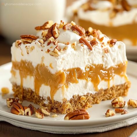 Butterscotch Lush Cake – A Perfect Sweet Treat - My Home Made Recipe Butterscotch Lush, Butterscotch Delight, Pudding Desserts Layered, Butterscotch Desserts, Butterscotch Recipes, Lush Cake, Lush Recipes, Pecan Crust, Flan Cake