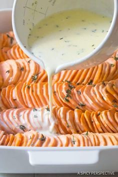 How To Make The Best Garlic Butter Scalloped Sweet Potatoes Recipe #ASpicyPerspective #Thanksgiving Scalloped Sweet Potato Casserole, Scalloped Sweet Potato Recipes, Sliced Sweet Potato Recipes, Sweet Potato Side Dishes, Sweet Potato Recipes Thanksgiving, Keto Potatoes, Best Garlic Butter, Sweet Potato Sauce, Scalloped Sweet Potatoes