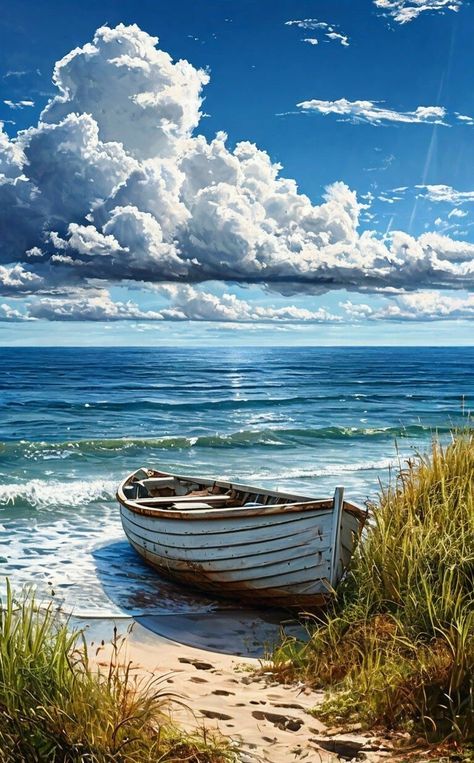 Boat Painting Acrylic, Best Paintings, Ocean Landscape Painting, Ocean Art Painting, Beach Scene Painting, Surf Painting, Beach Art Painting, Oil Painting Tutorial, Scenery Paintings