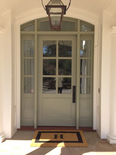 Great front door. Front Door Ideas With Glass Side Panels, Green Front Door With Sidelights, Sage Green Front Door With Side Panels, Side Light Front Door, Front Door With Glass Panels Either Side, Front Door With Large Window, Green Front Door With Side Panels, Opaque Window Ideas, Front Door With Glass At Top