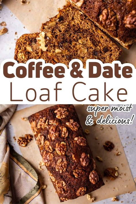 This coffee date loaf recipe is super easy to make at home and tastes so delicious! With soft date pieces soaked in coffee and crunchy walnuts, this date loaf with coffee is an easy loaf cake recipe to make and share with friends | Coffee cake recipes Date Loaf Recipe, Coffee Loaf Cake, Healthy Coffee Smoothie Recipes, Easy Loaf Cake, Coffee Loaf, Walnut Loaf Cake, Date And Walnut Loaf, Coffee Cake Loaf, Date Loaf