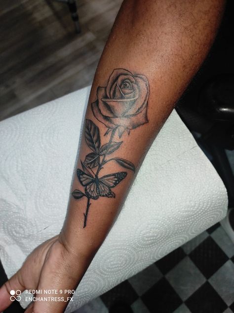 Inner Forearm Tattoo Rose, Cute Simple Arm Tattoos For Women, Small Rose And Butterfly Tattoo, Forearm Rose Tattoo Women, Rose Forearm Tattoos For Women, Rose Tattoos For Women Forearm, Tattoo Ideas Female Forearm Simple, Rose With Butterfly Tattoo For Women, Rose And Butterfly Tattoo Forearm