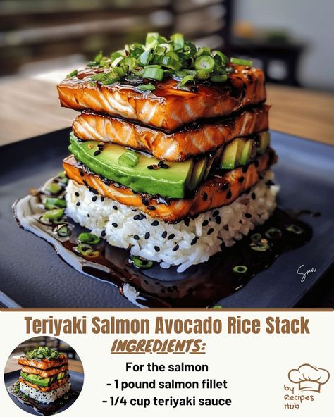 Teriyaki Salmon Avocado Rice Stack Salmon Avacado, Easy Teriyaki Salmon, Beef Tips And Noodles, Salmon Teriyaki Recipe, Avocado Rice, Mexican Casserole Recipe, Chicken Parmesan Pasta, Fluffy Rice, Chicken Pasta Bake