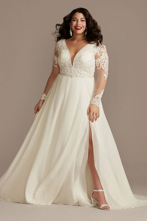 Long Sleeve Lace Applique Plus Size Wedding Dress | David's Bridal Chiffon Skirt Wedding Dress, Plus Wedding Dresses, Wedding Dress Style, Plus Size Wedding Dress, Davids Bridal Wedding Dresses, Boda Mexicana, Chiffon Wedding Dress, Lace Chiffon, Sleeve Wedding Dress