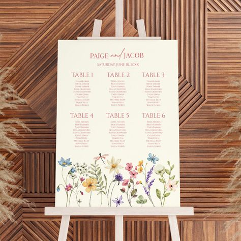 Wedding Seating Chart 150 People, Wildflower Seating Chart Wedding, Wedding Table Chart Display, Simple Garden Party Wedding, Wildflower Seating Chart, Wildflower Wedding Signage, Wildflower Barn Wedding, Spring Wedding Seating Chart, Small Wedding Seating Chart