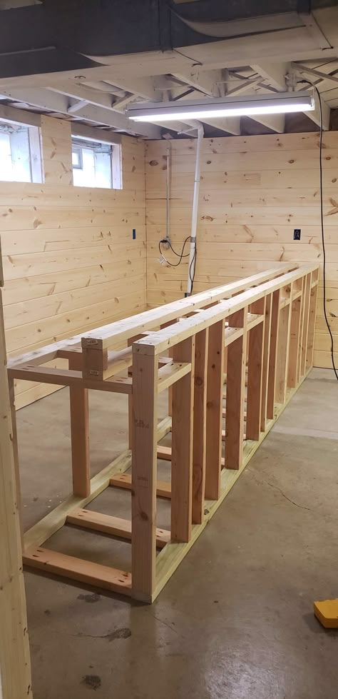 How To Frame A Bar, Bar Frame Ideas, Diy Bar On Wheels, Bar Diy Ideas, Build A Bar, How To Build A Bar, Diy Basement Bar Plans, L Shaped Bar Basement, Bar Diy