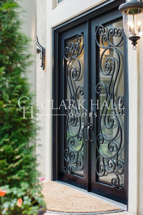 Double Iron Doors Entrance Front Entry, Exterior Entryway Ideas, Custom French Doors, Wrought Iron Doors Front Entrances, Metal Doors Exterior, Custom Exterior Doors, Double Front Entry Doors, Double Door Entryway, Impact Doors