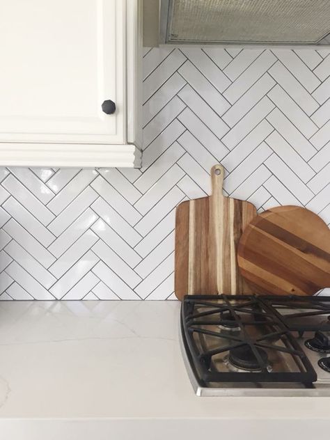 Slanted subway tile for kitchen White Herringbone Backsplash Grey Grout, Grey Herringbone Backsplash, White Kitchen Tiles Grey Grout, Herringbone Tile Kitchen, White Tiles Grey Grout, Herringbone Backsplash Kitchen, White Subway Tiles Kitchen Backsplash, Herringbone Kitchen Backsplash, White Herringbone Backsplash