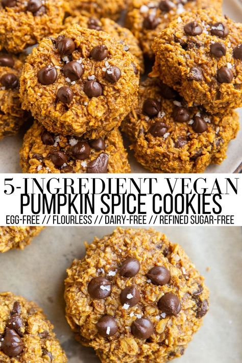 5-Ingredient Vegan Pumpkin Oatmeal Cookies are flourless, dairy-free, refined sugar-free, and egg-free! Healthy oatmeal cookies with a fall twist. This easy recipe results in rich and chewy pumpkin cookies that are healthy enough to eat for breakfast! #vegan #healthy #flourless #dessert #oats #oatmeal Vegan Pumpkin Oatmeal, Chewy Pumpkin Cookies, Healthy Oat Cookies, Pumpkin Breakfast Cookies, Pumpkin Cookies Healthy, Pumpkin Cookies Easy, Vegan Pumpkin Cookies, Chewy Oatmeal Cookies, Pumpkin Oatmeal Cookies