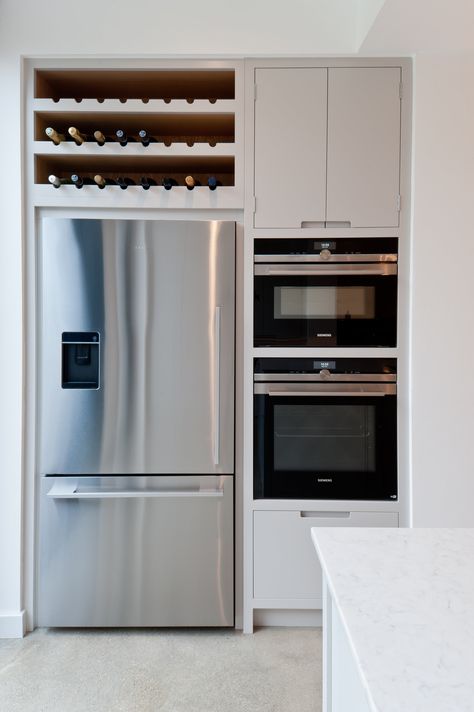 Modern Fridge Design, Built In Refrigerator Ideas Kitchen, Built In Fridge Wall, Kitchen Fridge Design, Fridge With Cabinets Around It, Kitchen Design Refrigerator, Enclosed Fridge, Oven Next To Fridge, Fridge Freezer In Kitchen