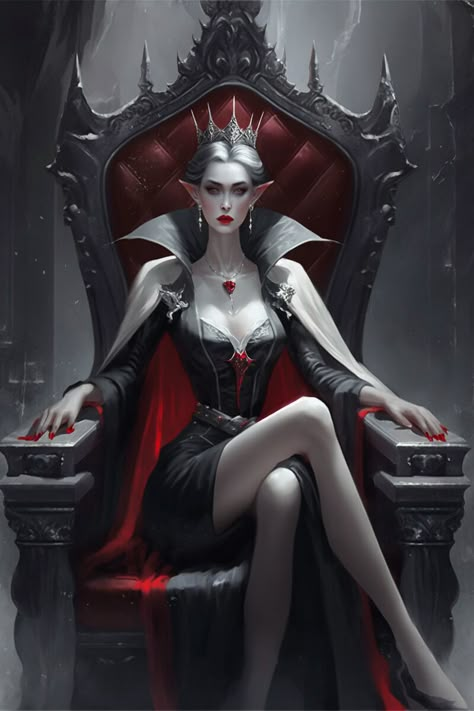 Vampire Characters Art, Vampire Countess Art, Gothic Anime Vampire, Queen Of Vampires, Vampire Dress Drawing, Vampire Empress, Vampire Art Female Gothic, Vampire Queen Dress, Vampire Queen Aesthetic