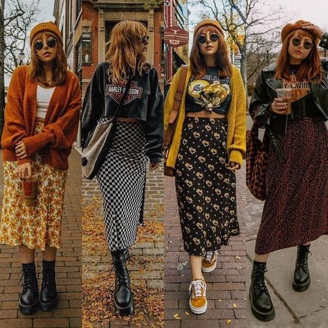 Grown Up Grunge Outfits, Outfit Ideas With Skirts Fall, Mismatch Shoes Outfit, 2023 70s Style, Cute Fall Outfits Alternative, Fall Outfit Grunge Aesthetic, Midi Skirt Grunge Outfit, Cool Fall Outfits 2023, Dr Martens Midi Skirt