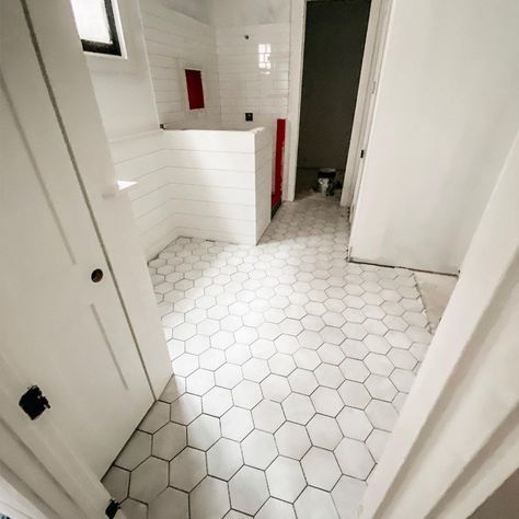 Flower Tile Bathroom, Hexagon Flower Tile, White Hexagon Tile Bathroom, Hexagon Tile Bathroom, White Hexagon Tiles, Flower Tile, Hexagon Tiles, Bathroom Tile, White Bathroom