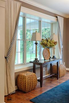 Dark table, woven baskets. Could add African calabash, woven basket, woman candle holder. Fireplace With 2 Windows On Each Side, Large Living Room Windows, Picture Window Curtains, Filming Studio, Large Window Treatments, Fireplace Room, Rose Street, Farmhouse Window, Window Treatments Living Room