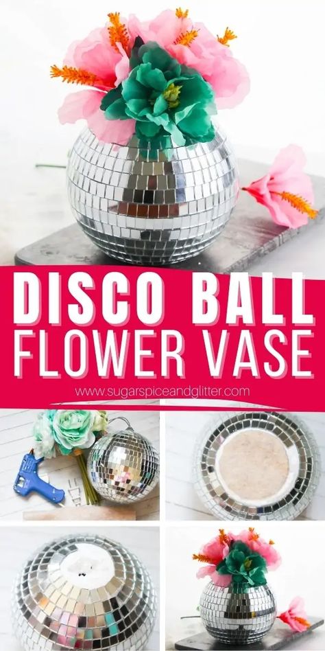 Disco Ball Table Decor With Flowers, Disco Ball Party Centerpiece, Disco Ball Vase Diy, Disco Ball In Classroom, Disco Ball Bridal Shower Decor, Disco Ball Tiles, Disco Ball Champagne Bottle Diy, Diy Disco Ball Centerpiece, Disco Center Piece