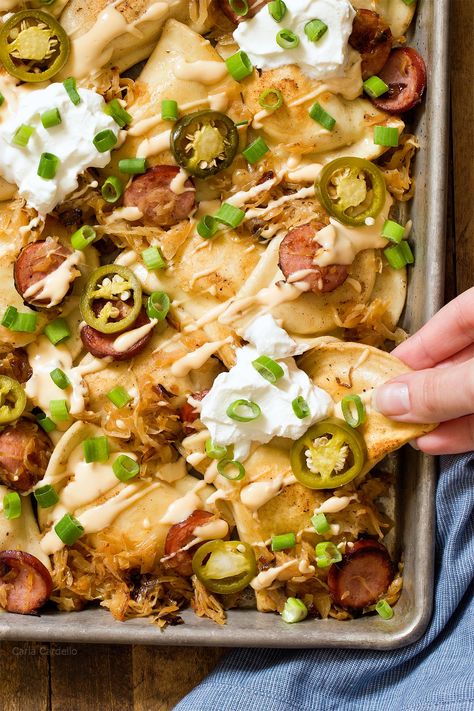 Beer Cheese Nachos, Pierogi Dipping Sauce, Perogie Sauce Recipes, Pierogi Nachos, Recipe With Kielbasa, Pittsburgh Recipes, Kielbasa Sauerkraut, Pierogies And Kielbasa, Soiree Ideas