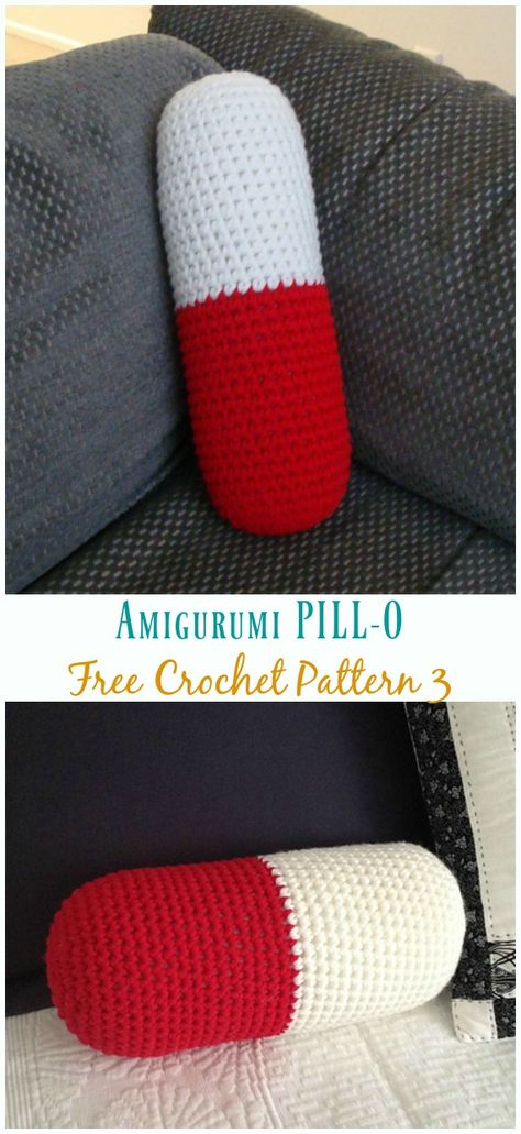 PILL-O Pillow Amigurumi Free Crochet Pattern - Crochet Happy #Pill; #Amigurumi; Free Patterns Pill Crochet Pattern Free, Crochet Cute Pillow Free Pattern, Crochet Long Pillow Pattern, Crochet Fun Pillow Pattern Free, Crochet Patterns Free Pillow, Crochet Pill Pattern, Surprise Crochet Pattern, Crochet Back Pillow, Crochet Strawberry Pillow Pattern Free