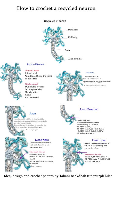 Neuron Crochet Pattern, Crochet Science Pattern, Crochet Biology Free Pattern, Crochet Neuron Free Pattern, Science Crochet Pattern Free, Crochet Neuron, Biology Crochet, Recycle Crochet, Crochet Science