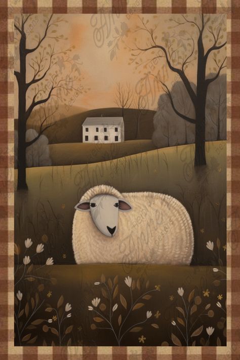 Primitive Folk Art Sheep, Primitive Sheep Painting, Primitive Art Painting, Folk Art Painting Country, American Folk Art Painting, Folk Art Sheep, Sheep Printable, Folk Art Illustration, Painting Items