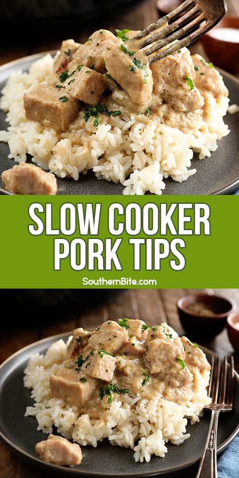 This recipe for Slow Cooker Pork Tips is the perfect easy weeknight meal that’s packed with flavor! Start with a pork loin roast and end up with tender bites of pork in a delicious, succulent gravy! Your crock pot never had it so good! #Sponsored #IowaPork #USAPork @IowaPork Crock Pot Pork Bites, Pork Stew In Crockpot, Pork Tenderloin Tips Crockpot, Pork Stew Meat Crockpot Recipes, Recipes Using Cubed Pork, Pork Bites Recipes Dinners, Slow Cooker Pork Cubes, Pork Tips Recipe Slow Cooker, Pork Chunks Recipes Slow Cooker