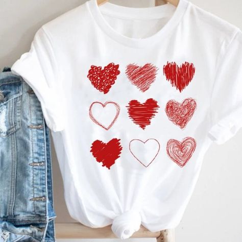 Casual Red T-shirt With Heart Graphic, White Heart-shaped T-shirt For Spring, White Short Sleeve T-shirt With Heart Print, Summer Heart Print T-shirt, Red Tops With Heart Graphic For Spring, White Heart Print T-shirt For Summer, Red Heart Graphic Top For Spring, Casual White Tops With Heart Graphic, Casual White Top With Heart Graphic