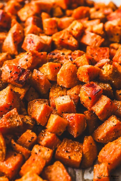 These roasted sweet potatoes are an easy, flavorful side dish that’s perfect for meal prep and goes great with everything from chicken to burgers. Diced Sweet Potato Recipes, Roasted Sweet Potato Recipes, Sweet Potato Recipes Roasted, Sweet Potato Recipes Healthy, Sweet Potato Recipes, Roasted Sweet Potatoes, Meatless Meals, Roasted Veggies, Cheap Meals