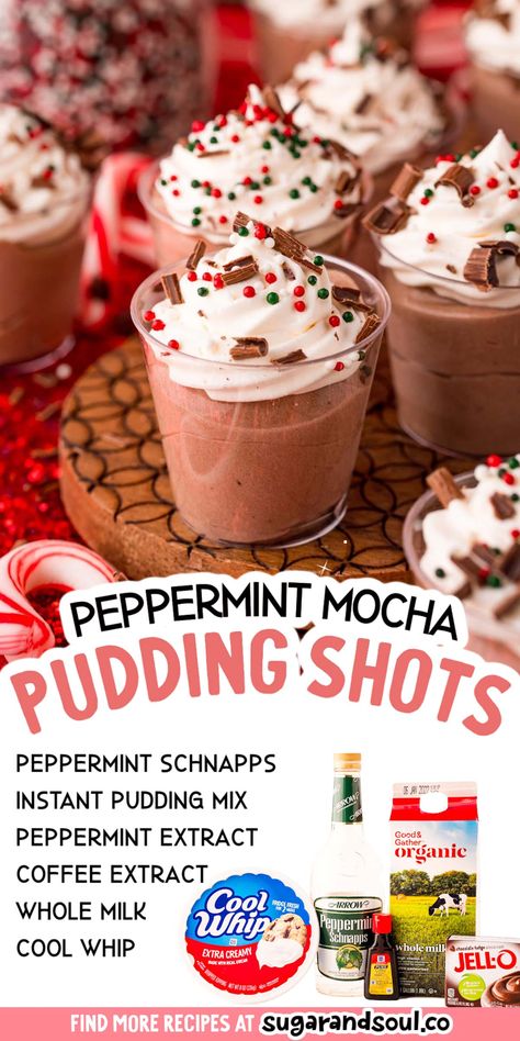 Peppermint Schnapps Pudding Shots, Peppermint Chocolate Pudding Shots, Peppermint Mocha Pudding Shots, Chocolate Peppermint Pudding Shots, Pudding Shots Alcoholic Christmas, Holiday Pudding Shots Christmas, Christmas Pudding Shots Alcoholic, Peppermint Pudding Shots, Pudding Shots Christmas