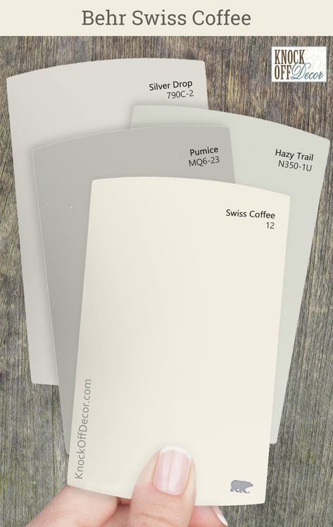 Behr Coco Malt Paint Color, Bedroom Colors Behr, Sw Swiss Coffee Paint, Behr Swiss Coffee Paint, Colors That Go With Swiss Coffee, Benjamin Moore Swiss Coffee Palette, Behr Swiss Coffee Exterior, Behr Swiss Coffee Color Palette, Behr Swiss Coffee Walls