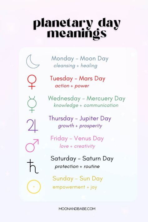 The Magic of the Days of the Week: Guide to Working with Planetary Days Days Of The Week Correspondences, Days Of The Week Magic, Planetary Days Of The Week, Days Of The Week Witchcraft, Spell Timing, Planetary Days, Themed Days Of The Week, Daily Witchcraft, Planetary Magick