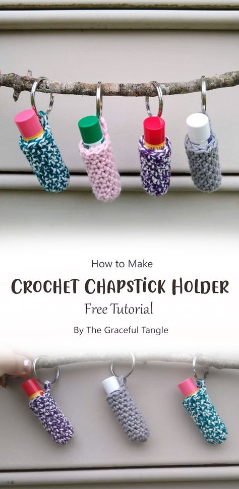 This is a simple keychain and chapstick holder that can be made with scrap yarn. It’s a great project for practicing your crochet skills and for using up all those little bits of yarn you have laying around. Diy Crochet Chapstick Holder, How To Crochet A Chapstick Holder, Crochet Pattern Chapstick Holder, Easy Crochet Chapstick Holder, Crochet Keychain Lip Balm Holder, Crochet Easy Keychain Pattern, Crocheted Chapstick Holder Patterns, Lip Balm Crochet Pattern Free, Crochet Chapstick Keychain