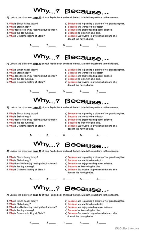 WHY AND BECAUSE EXERCISE: English ESL worksheets pdf & doc Why Because Worksheet, English Activities For Kids, English Activities, Happy Today, Esl Worksheets, Grammar, Activities For Kids, Quick Saves