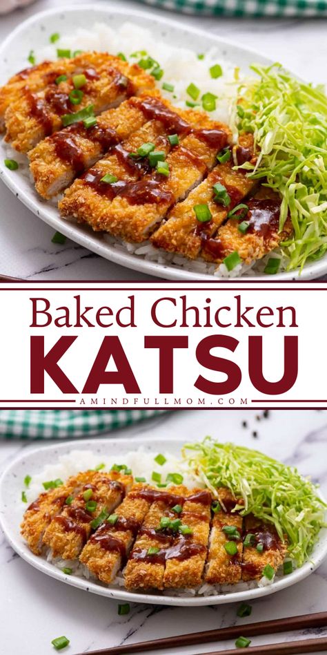 This recipe for Baked Chicken Katsu delivers the crispiest, juiciest chicken katsu without the grease! Made with panko coated chicken cutlets and served with a sweet and tangy Tonkatsu Sauce, this Chicken Katsu recipe delivers a flavorful dish with tons of texture and crunch! Chicken Panko Recipes, Tonkatsu Chicken, Chicken Tonkatsu Recipe, Baked Katsu Chicken, Katsu Chicken Recipe, Baked Tonkatsu, Japanese Chicken Cutlet, Katsu Chicken Bowl, Easy Chicken Katsu Recipe