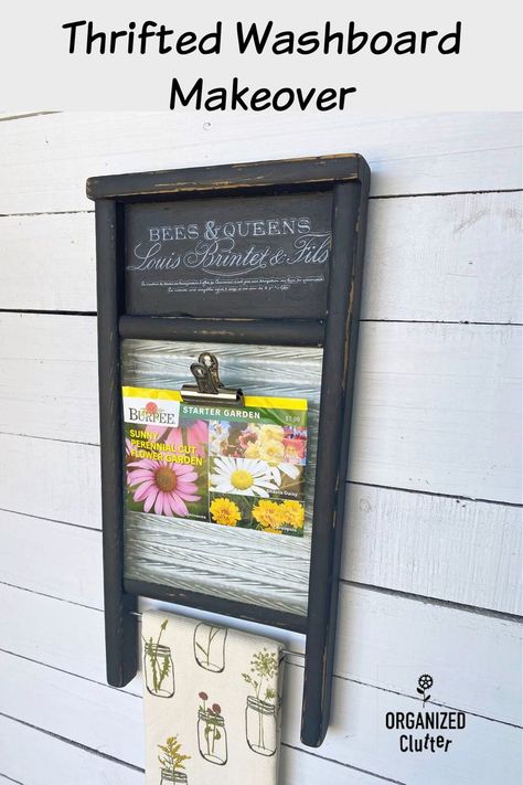 A small thrifted makeover receives a fun farmhouse decor makeover with black chalk paint, a white decor transfer, a metal rod and a craft magnet. #upcycle #repurpose #washboard #washboards #farmhouselaundry #laundryroom #maisieandwillow #decortransfers #dixiebellechalkpaint Washboard Crafts, Washboard Decor, Vintage Washboard, Old Washboards, Farmhouse Thrift Store Makeovers, Black Chalk Paint, Thrift Store Decor, Dixie Belle Paint Company, Upcycled Projects