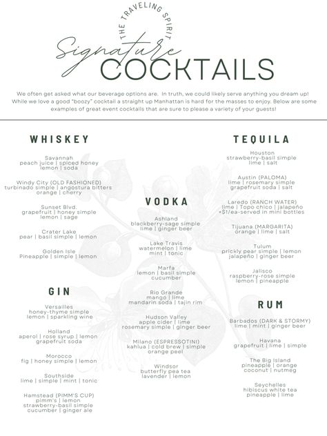 Cocktail Menu- The Traveling Spirit Mobile Bar Shop Bar Ideas, Mobile Bar Cart, Mobile Cocktail Bar, Mobile Coffee Shop, Wedding Drinks, Travel Bar, Event Bar, Craft Cocktail, Coffee Shop Bar