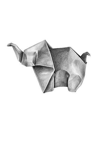 Origami Drawing Project - AgerArt.com Origami Drawing, Tonal Drawing, Origami Tattoo, Little Sketches, Origami Elephant, Object Drawing, Folded Paper, Elephant Tattoos, Drawing Projects