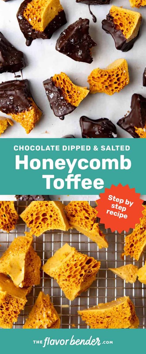 Honeycomb Toffee, Sponge Toffee, Honeycomb Recipe, Honeycomb Candy, Salted Toffee, Easy Candy Recipes, Toffee Recipe, Chocolate Coating, Decadent Desserts