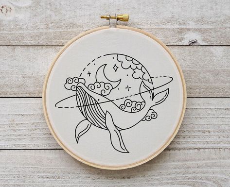 "MORE Patterns HERE: https://www.etsy.com/shop/minicestitch/ ----------------------------------------------------------------------------- This pattern is very suitable for beginner with random hand embroidery stitches. The pattern also includes some basic stitches to recreate the hoop as pictured. You can use any color combinations you want!  This pattern can be altered to fit any size hoop you want, so don't feel limited to stick with only what I have suggested! You can use this pattern for your needle & thread project such ad pillowcases , tote bag , cushion clothes , hoop wall art etc. You will receive 1 PDF file includes: PDF 1  - 1 Design  - Tracing Pattern + reversed in 4 size (Fit with 5\"/6\"/7\"/8 \" Hoop ) - Basic Embroidery Stitches - Instructions to Transfer Image - Instructio Ocean Waves Embroidery, Whale Embroidery Design, Sea Embroidery Pattern, Whimsical Embroidery Patterns, Beginner Embroidery Ideas, Embroidery Template Modern, Easy Embroidery Patterns Free Templates, Orca Embroidery, Modern Embroidery Patterns Free