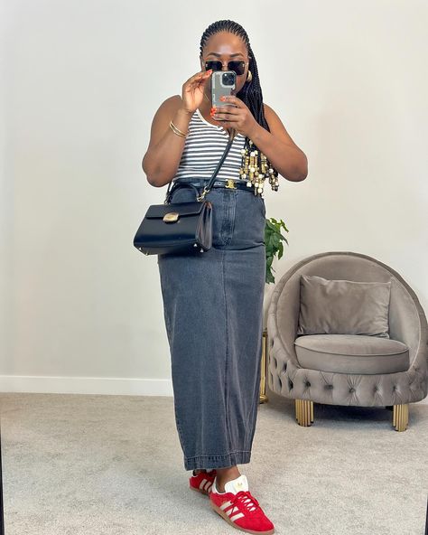 Ideally I should not buy any denim skirt ever again but they got me on choke mood😩😩 What’s not to love about them though?😋 Maxi denim skirt @hm Body suit @zara Bag @coach Sunglasses @burberry Sneakers @adidas #styleinfluencer #instastyles #denimskirt #denimstyle #summerstyle #outfitlook #outfitideas4you Denim skirt, body suit, ladies style, outfit idea , how to style , what to wear, adidas spezial, ootd, ootdblogger Denim Skirt Outfit Work, Denim Skirt And Sneakers Outfit, Denim Skirt Outfit Plus Size, Plus Size Denim Skirt Outfit, Skirt Outfit Plus Size, Plus Size Denim Skirt, Sunglasses Burberry, Burberry Sneakers, Maxi Denim Skirt