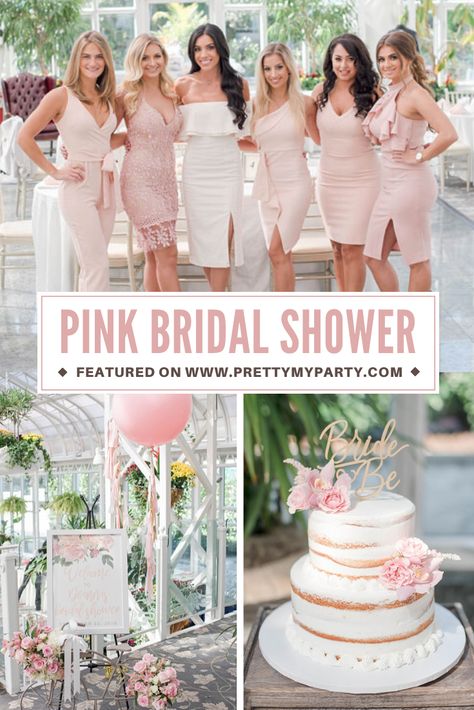 Bridal Shower Themes Pink And Gold, Pink White Gold Bridal Shower Decor, Pink White And Gold Bridal Shower Ideas, Pastel Pink Bachelorette Party, Blushing Bride Bridal Shower Ideas, Neutral Pink Bridal Shower Decor, Pastel Pink Bridal Shower Ideas, Pale Pink Bachelorette, Pink Garden Bridal Shower Ideas