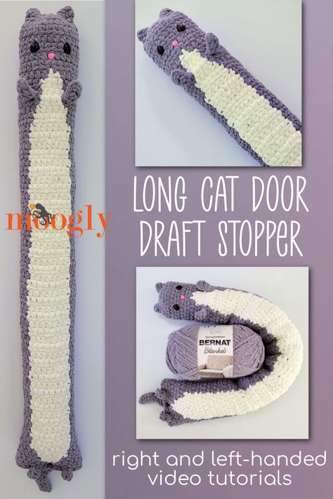 The Long Cat Door Draft Stopper Tutorial will show you how to make this cute and functional feline cozy - in both right and left-handed video tutorials! Follow along with the free written crochet pattern on Moogly! via @moogly Crochet Door Draft Stopper, Crochet Homeware, Draught Stopper, Household Accessories, Door Draft Stopper, Door Draught Stopper, Long Cat, Door Draft, Bernat Blanket